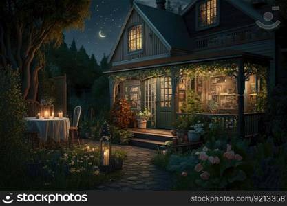 summer evening with illuminated home sitting near garden on deck cozy backyard, created with generative ai. summer evening with illuminated home sitting near garden on deck cozy backyard