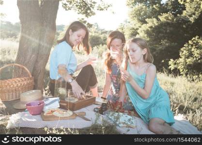 Summer - family on a picnic in a meadow in the forest