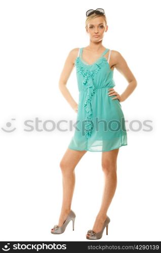 Summer fashion. Full length pretty young woman sensual girl in green blue elegant dress isolated on white