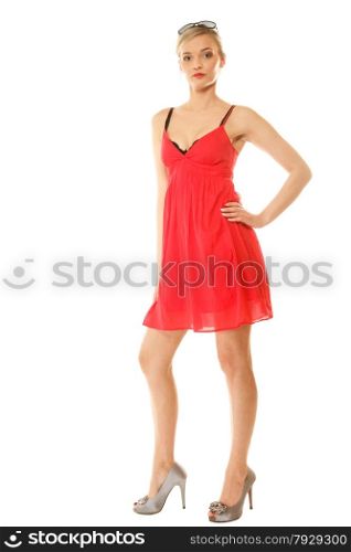 Summer fashion. Full length pretty young woman sensual girl in red elegant dress isolated on white