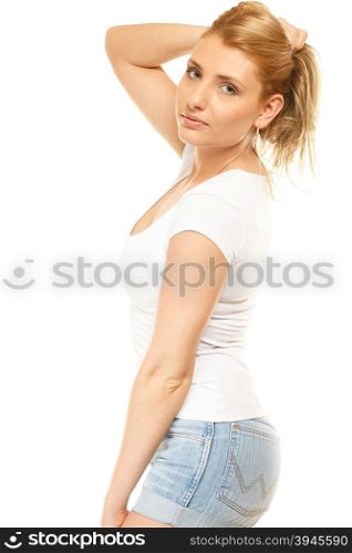 Summer fashion. Pretty young woman sensual girl in denim shorts isolated on white