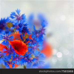 summer field flowers on gray bokeh background with copy space. poppy and cornflower bouquet