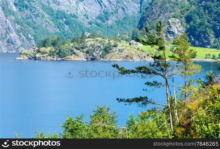 Summer fjord mountain landscape (near Langfossen waterfall, Norway).