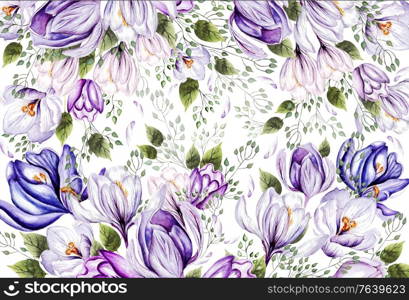 Summer Floral Greeting Card with Blooming Crocus and garden leaves, Illustration on white in watercolor style.. Summer Floral Greeting Card with Blooming Crocus and garden leaves, Illustration