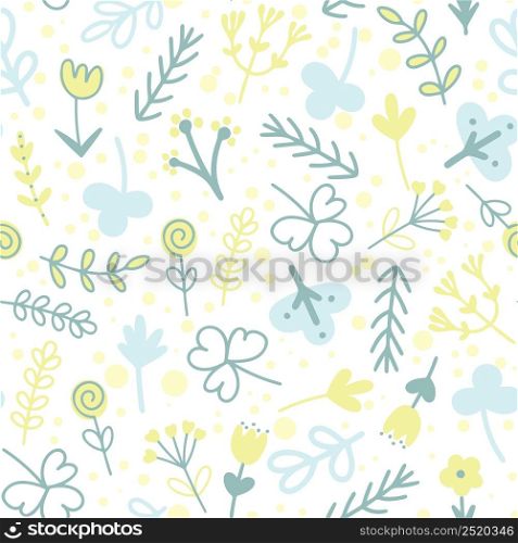 Summer floral seamless pattern. Background with leaves, herbs and flowers. Template for fabric, paper, textile and packaging. Botanical natural model. Summer floral seamless pattern