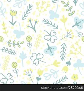 Summer floral seamless pattern. Background with leaves, herbs and flowers. Template for fabric, paper, textile and packaging. Botanical natural model. Summer floral seamless pattern