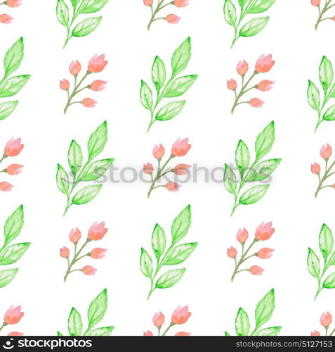 Summer floral watercolor seamless pattern with green branch and red flowers on a white background
