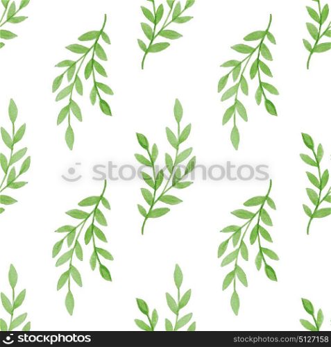 Summer floral watercolor seamless pattern with green branch on a white background