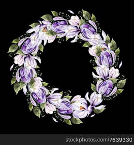 Summer Floral wedding wreath with Blooming Crocus and garden leaves, Illustration on white in watercolor style.. Summer Floral seamless pattern with Blooming Crocus and garden leaves, Illustration