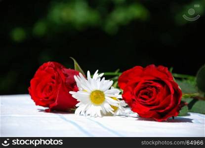 Summer flowers, red roses and daisies, on a table outdoors