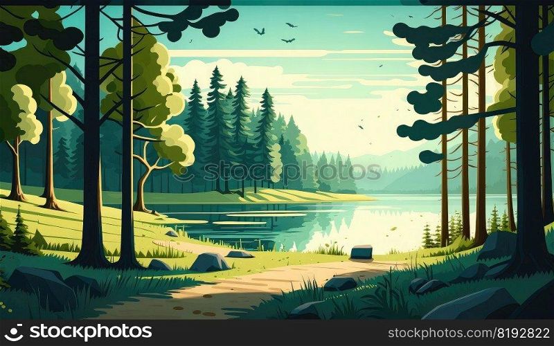 summer forest landscape lake. nature view, water tree, background travel, tourism sky, outdoor scenic summer forest landscape lake ai generated illustration. summer forest landscape lake ai generated