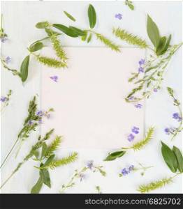 Summer frame with fresh branches, herbs and blue flowers on light wooden background; top view, flat lay, overhead view