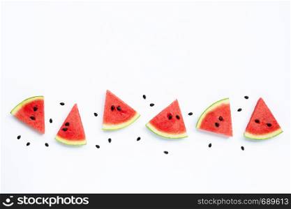 Summer fruit, Slices of watermelon with seeds on white background, Copy space