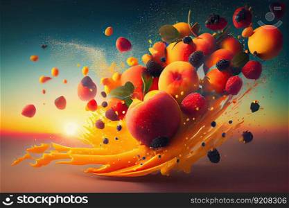 summer fruit splashes flying in the sunset sky, created with generative ai. summer fruit splashes flying in the sunset sky