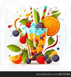 Summer fruits cocktail. Sweet tropical fruits and mixed berries. Orange, lemon, strawberry, raspberry, blueberry, watermelon, mint etc. High quality illustration. Summer fruits cocktail. Sweet tropical fruits and mixed berries. Orange, lemon, strawberry, raspberry, blueberry, watermelon, mint etc.. 