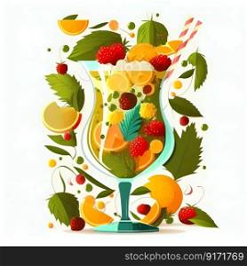 Summer fruits cocktail. Sweet tropical fruits and mixed berries. Orange, lemon, strawberry, raspberry, blueberry, watermelon, mint etc. High quality illustration. Summer fruits cocktail. Sweet tropical fruits and mixed berries. Orange, lemon, strawberry, raspberry, blueberry, watermelon, mint etc.. 