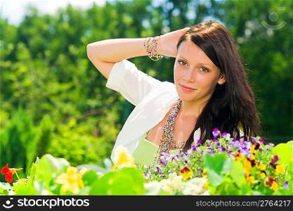 Summer garden colorful flowers beautiful woman romantic look
