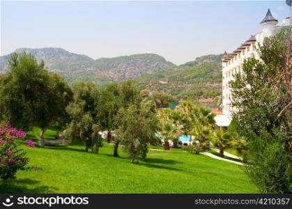 summer garden near luxury hotel in Turkey