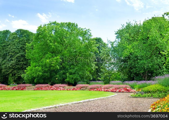 Summer garden with lawn and flower garden