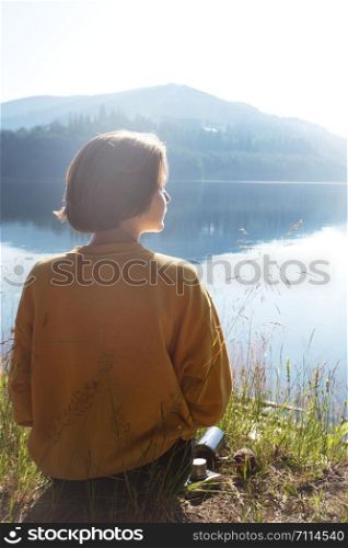 Summer - girl on a picnic by the lake. Lacul Vidra, Romania