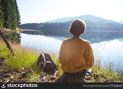 Summer - girl on a picnic by the lake. Lacul Vidra, Romania