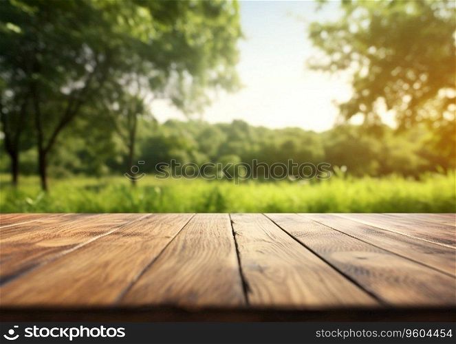 Summer green forest park with empty table in front.AI Generative