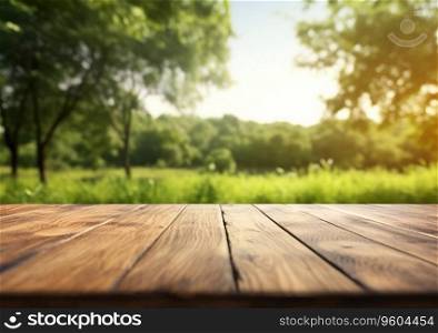 Summer green forest park with empty table in front.AI Generative