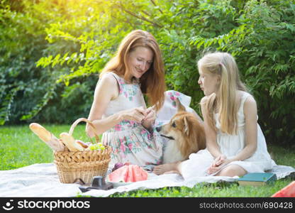 Summer - happy family at a picnic. Mom, daughter and dog corgi at a picnic