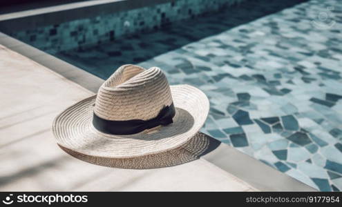 Summer hat and pool. Illustration Generative AI 