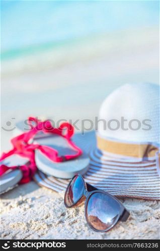 Summer, holiday, vacation accessories - tropical beach