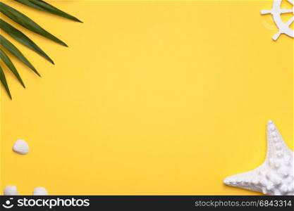 Summer holiday vacation background with starfish, rudder and green leaf of palm. Copy space. Top view