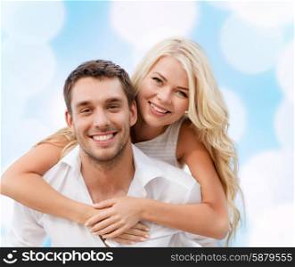 summer holiday, vacation, dating and love concept - happy couple having fun over blue lights background