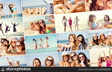 summer holidays and vacation concept - collage of many pictures with pretty girls having fun on the beach and taking selfie. girls having fun on the beach