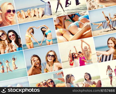 summer holidays and vacation concept - collage of many pictures with pretty girls having fun on the beach and taking selfie. girls having fun on the beach