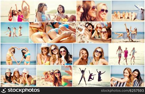 summer holidays and vacation concept - collage of many pictures with pretty girls having fun on the beach and taking selfie. girls having fun on the beach