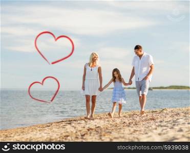 summer holidays, children and people concept - happy family walking at the seaside