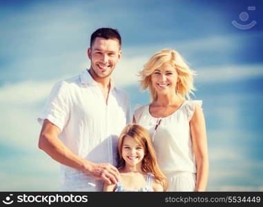 summer holidays, children and people concept - happy family with blue sky