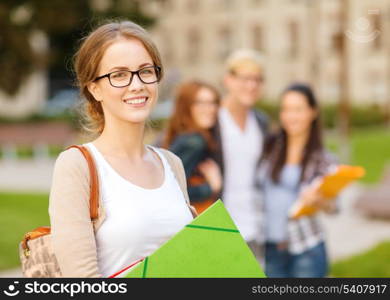 summer holidays, education, campus and teenage concept - smiling female student in black eyeglasses with folders and group in the back