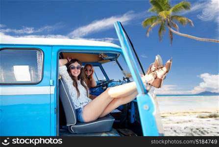 summer holidays, road trip, travel and people concept - smiling young hippie women resting in minivan car over tropical beach background. happy hippie women in minivan car on summer beach