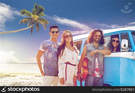 summer holidays, road trip, travel and people concept - smiling young hippie friends with guitar at minivan car over tropical beach background. happy hippie friends at minivan car on beach