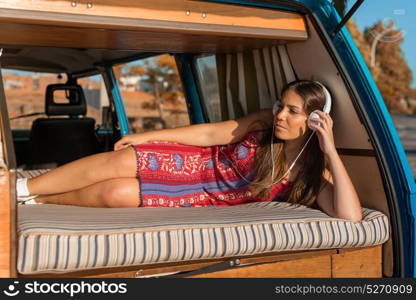 summer holidays, road trip, travel and people concept, young woman resting in minivan car