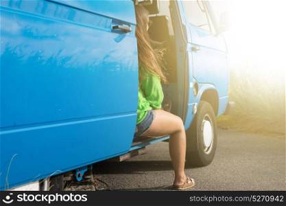 summer holidays, road trip, travel and people concept, young woman resting in minivan car