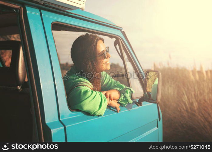 summer holidays, road trip, travel and people concept, young woman resting in minivan car