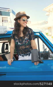 summer holidays, road trip, travel and people concept, young woman resting in minivan car