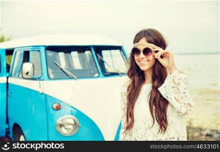 summer holidays, road trip, vacation, travel and people concept - smiling young hippie women in minivan car