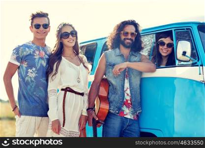 summer holidays, road trip, vacation, travel and people concept - smiling young hippie friends with guitar over minivan car