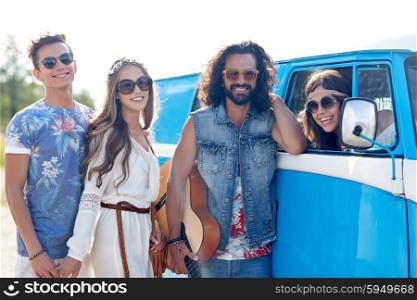 summer holidays, road trip, vacation, travel and people concept - smiling young hippie friends with guitar over minivan car
