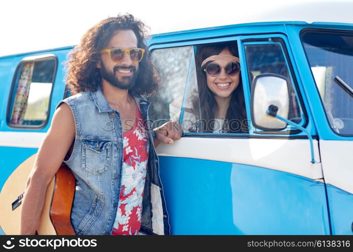 summer holidays, road trip, vacation, travel and people concept - smiling young hippie friends over minivan car