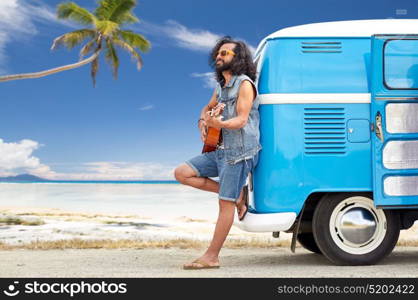 summer holidays, travel, music and people concept - young hippie man playing guitar and singing at minivan car over tropical beach background. hippie man playing guitar at minivan car on beach