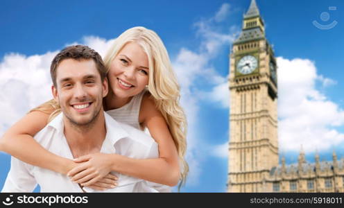 summer holidays, travel, tourism, people and dating concept - happy couple hugging over london big ben tower background